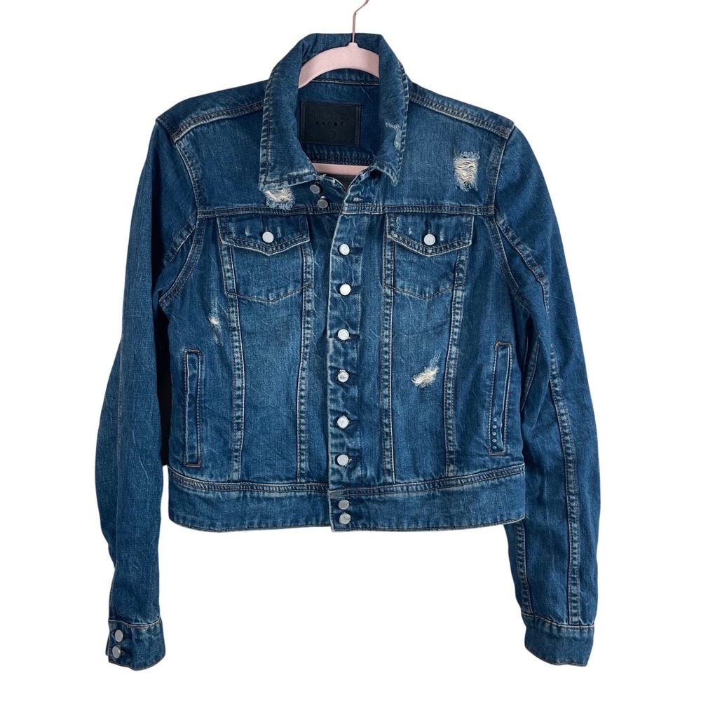 BlankNYC Womens Distressed Denim Trucker Jacket Blue Medium Wash 41A-9002 Size S